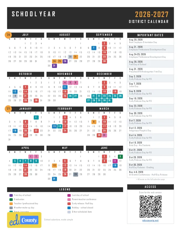 School Year printable 2026-27 calendar