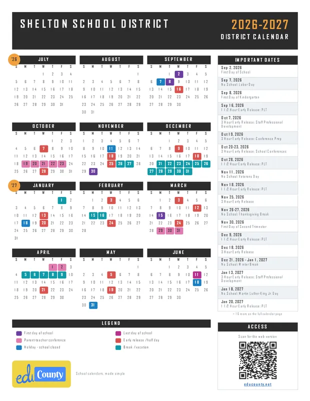 Shelton School District printable 2026-27 calendar