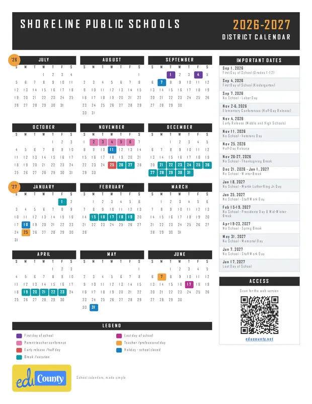 Shoreline Public Schools printable 2026-27 calendar