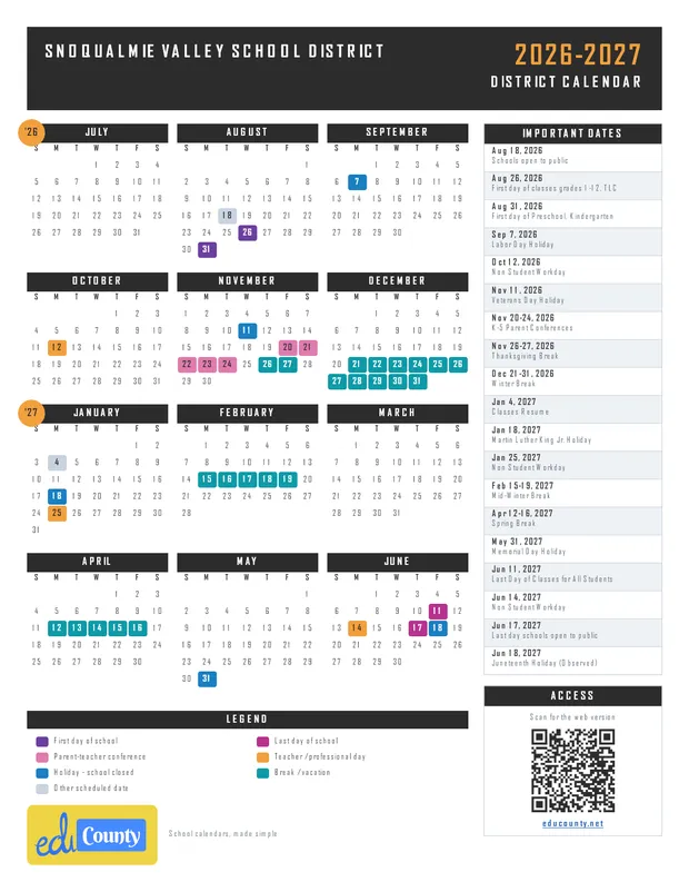 Snoqualmie Valley School District printable 2026-27 calendar