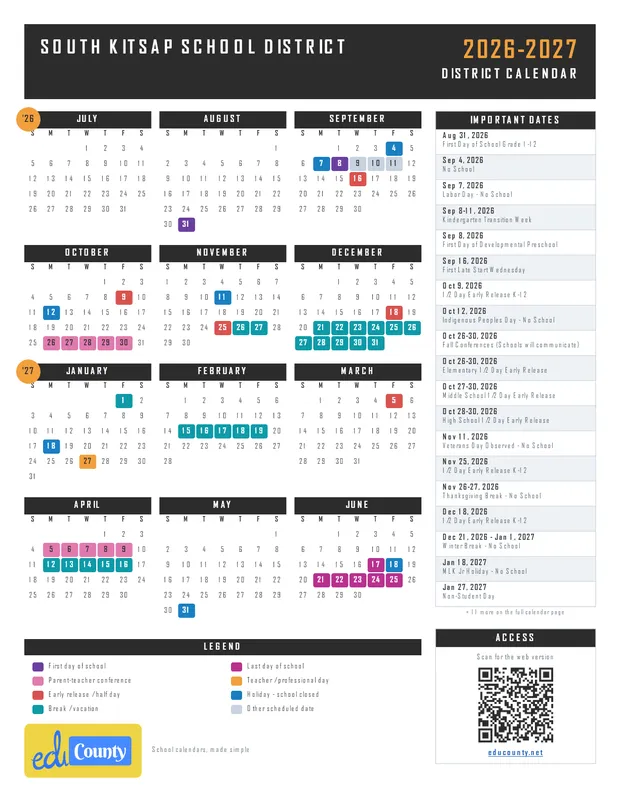 South Kitsap School District printable 2026-27 calendar