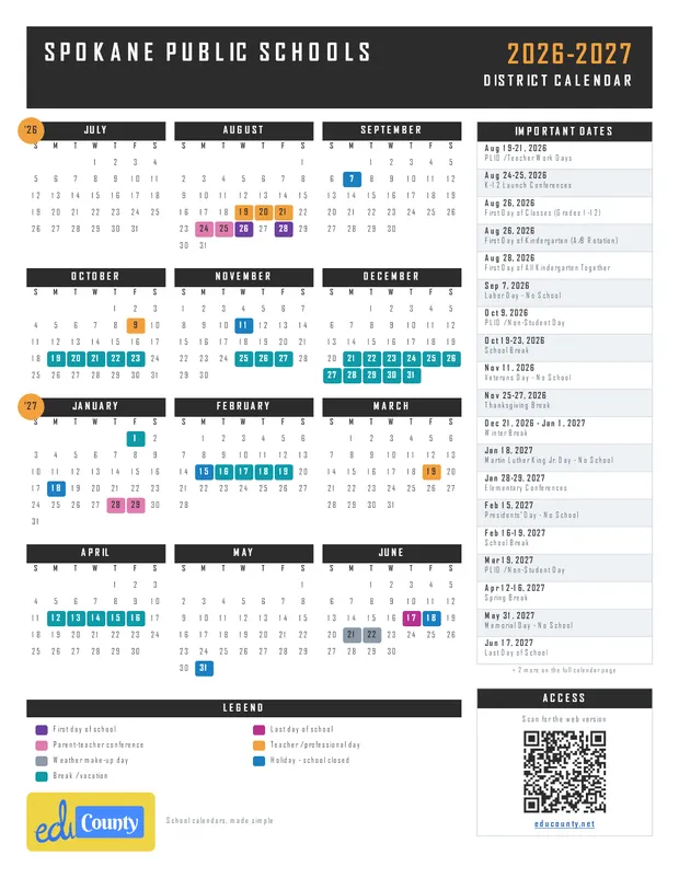 Spokane Public Schools printable 2026-27 calendar