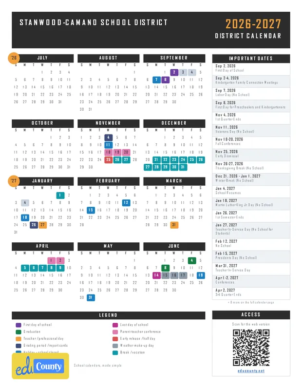 Stanwood-Camano School District printable 2026-27 calendar