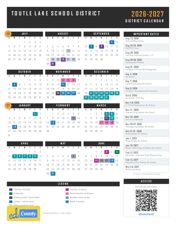 TOUTLE LAKE SCHOOL DISTRICT printable 2026-27 calendar