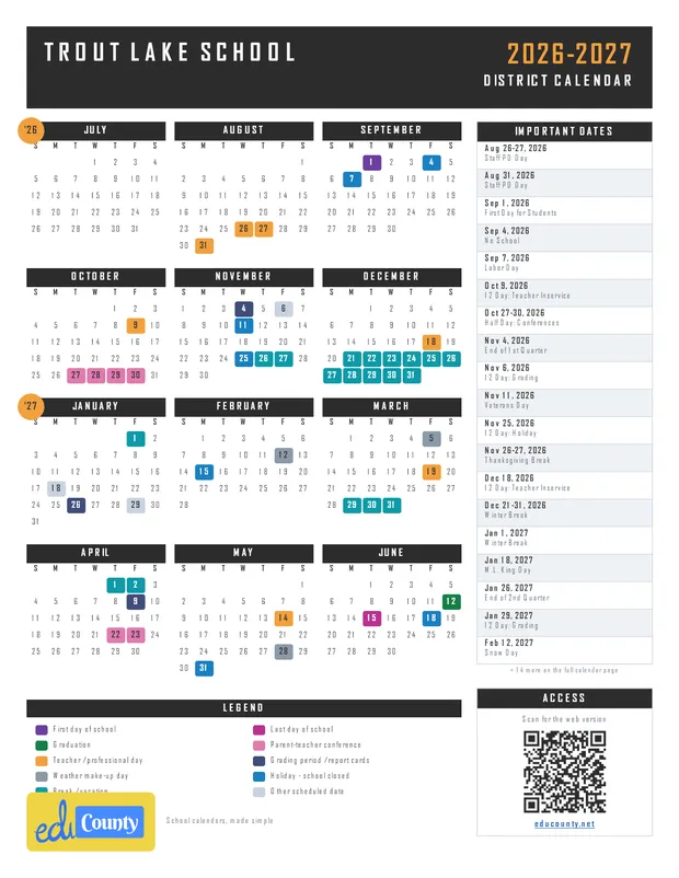 Trout Lake School printable 2026-27 calendar