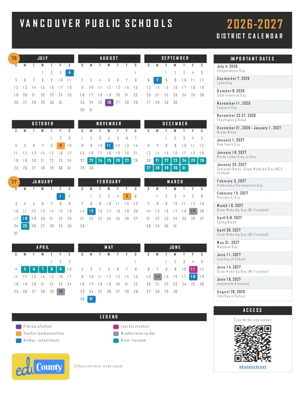 Vancouver Public Schools printable 2026-27 calendar