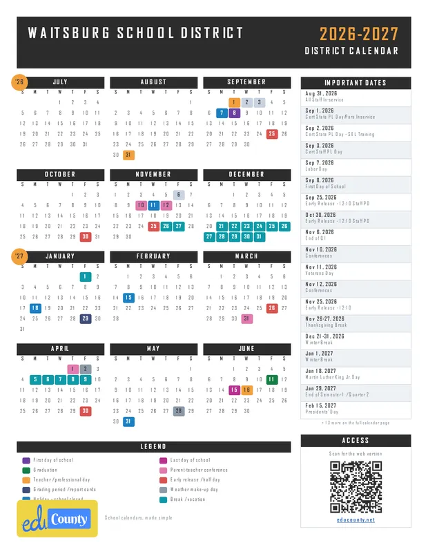 Waitsburg School District printable 2026-27 calendar