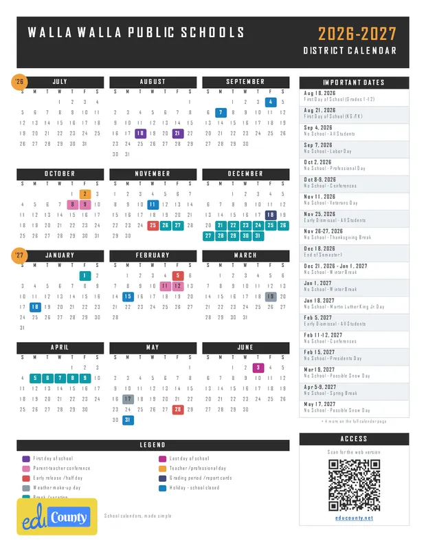Walla Walla Public Schools printable 2026-27 calendar