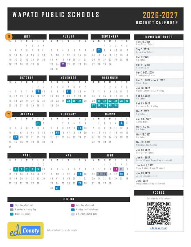 Wapato Public Schools printable 2026-27 calendar