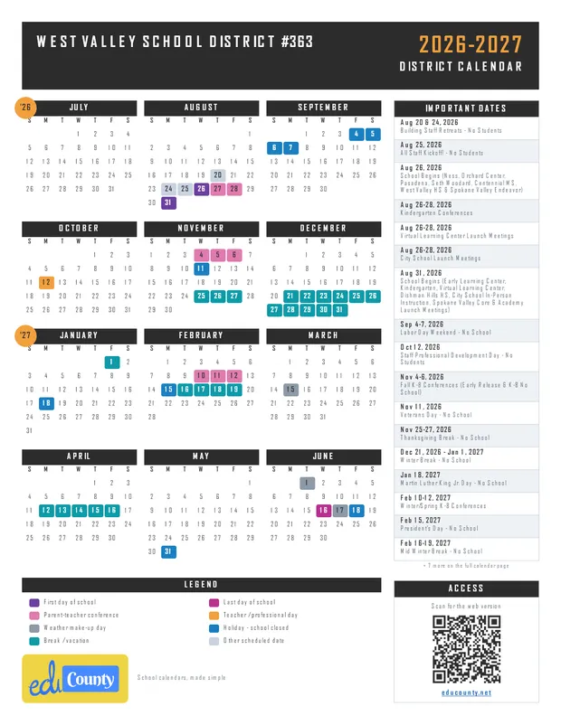 West Valley School District #363 printable 2026-27 calendar