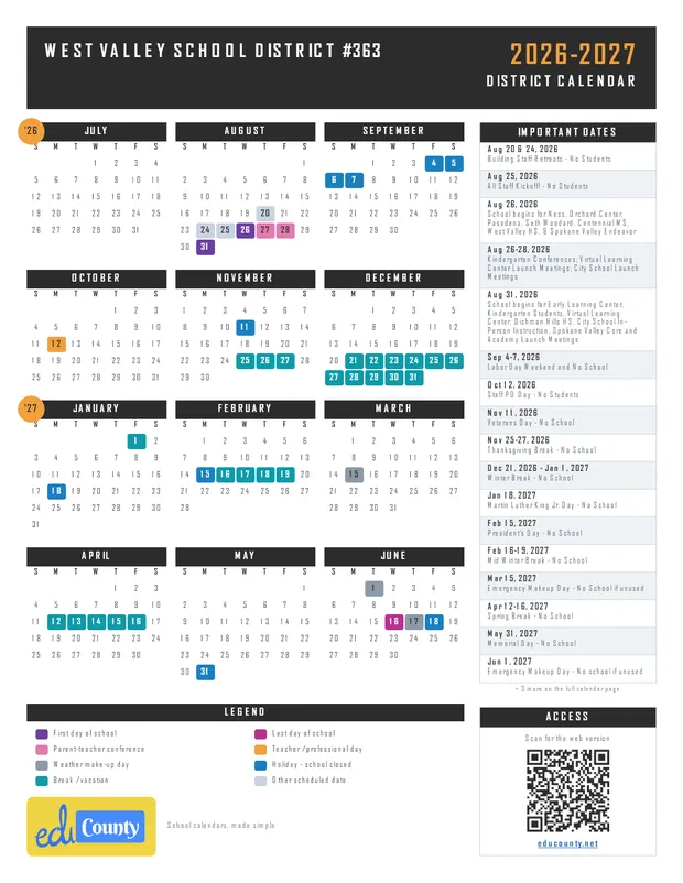 West Valley School District #363 printable 2026-27 calendar