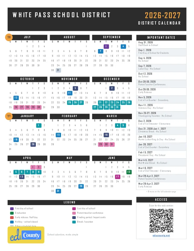 White Pass School District printable 2026-27 calendar