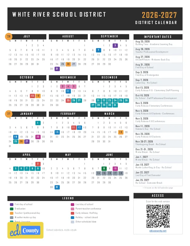 White River School District printable 2026-27 calendar