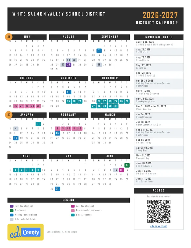 White Salmon Valley School District printable 2026-27 calendar