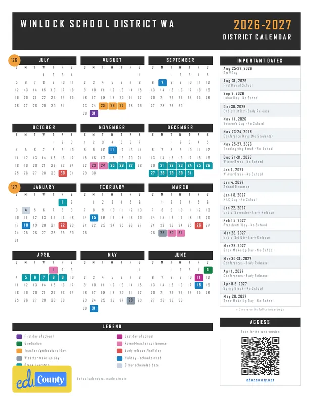 Winlock School District printable 2026-27 calendar