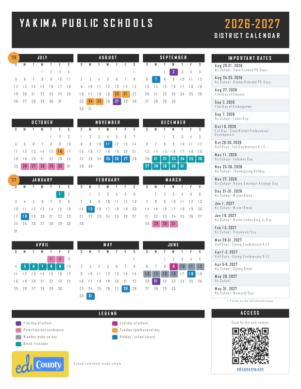 Yakima Public Schools printable 2026-27 calendar