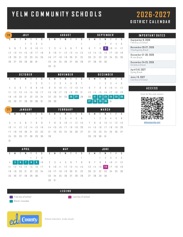 Yelm Community Schools printable 2026-27 calendar
