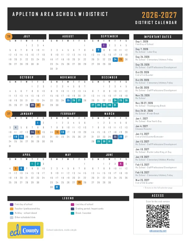 Appleton Area School WI District printable 2026-27 calendar