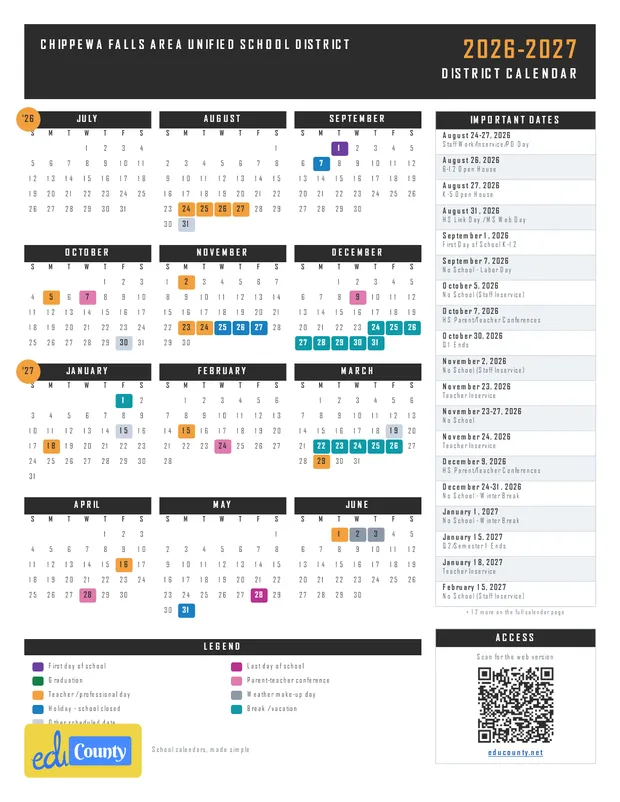 Chippewa Falls Area Unified School District printable 2026-27 calendar