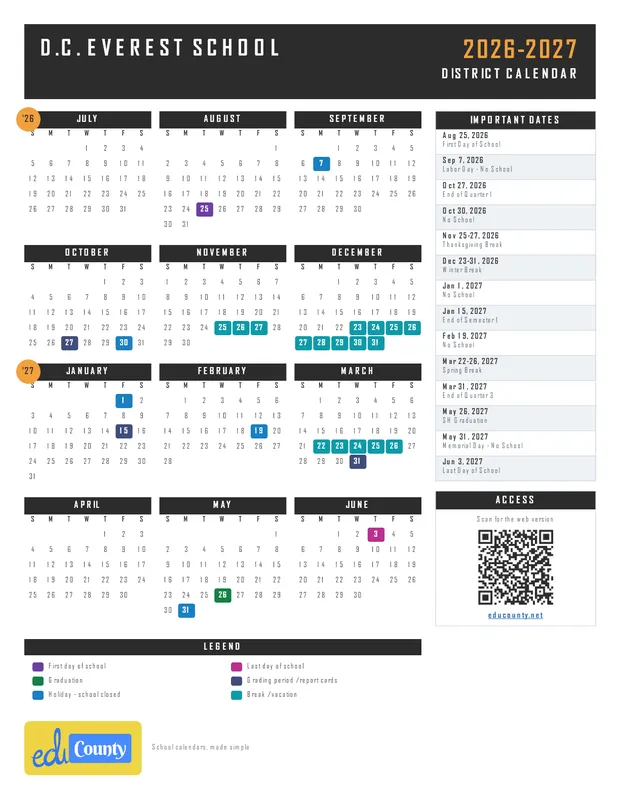 D.C. Everest school printable 2026-27 calendar