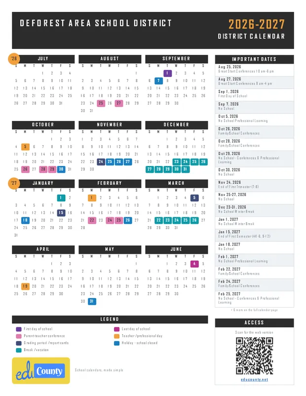 DeForest Area School District printable 2026-27 calendar