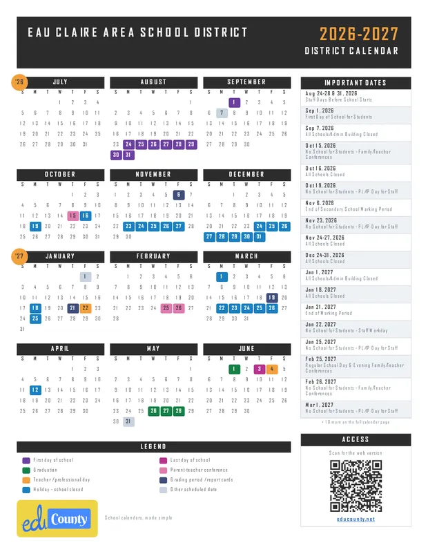 Eau Claire Area School District printable 2026-27 calendar