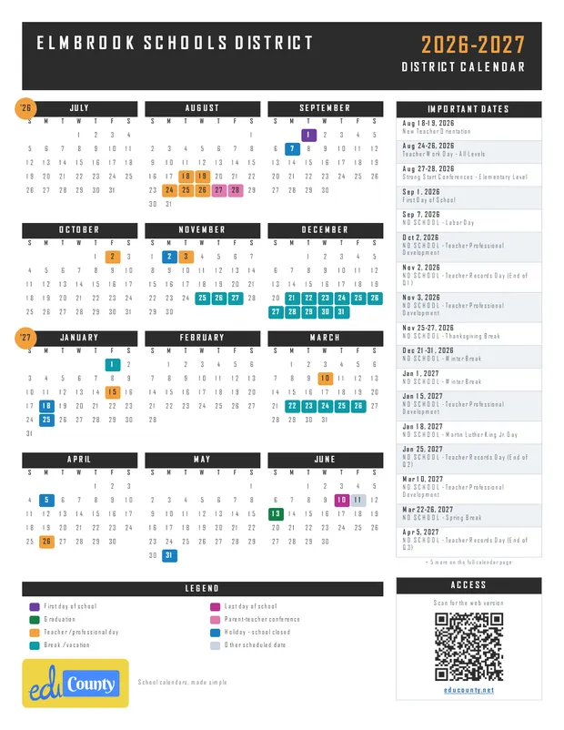 Elmbrook Schools District printable 2026-27 calendar