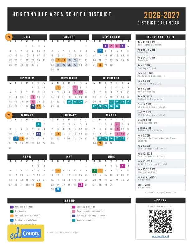 Hortonville Area School District printable 2026-27 calendar