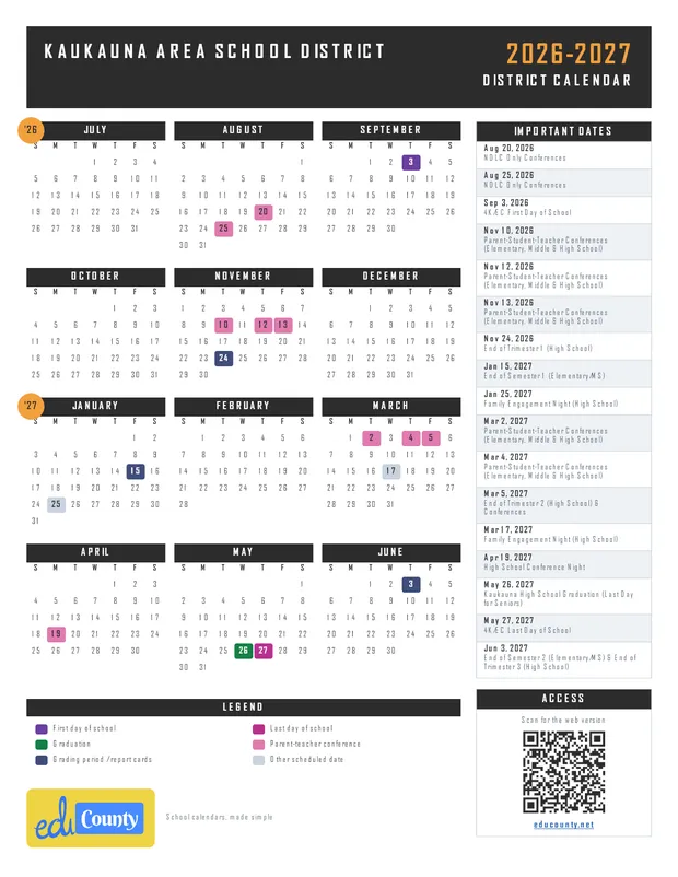 Kaukauna Area School District printable 2026-27 calendar