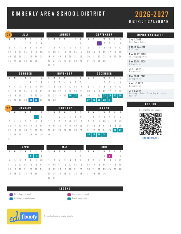 Kimberly Area School District printable 2026-27 calendar