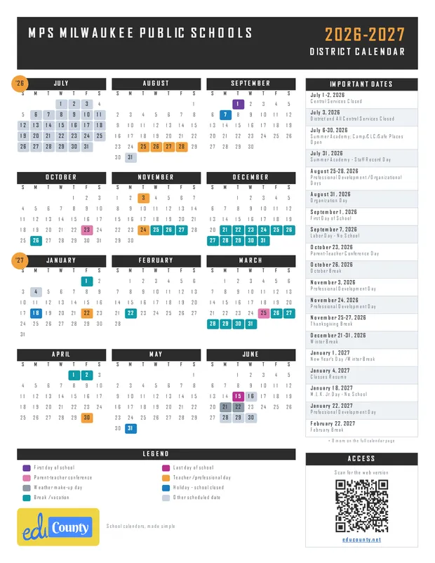 MPS Milwaukee Public Schools printable 2026-27 calendar