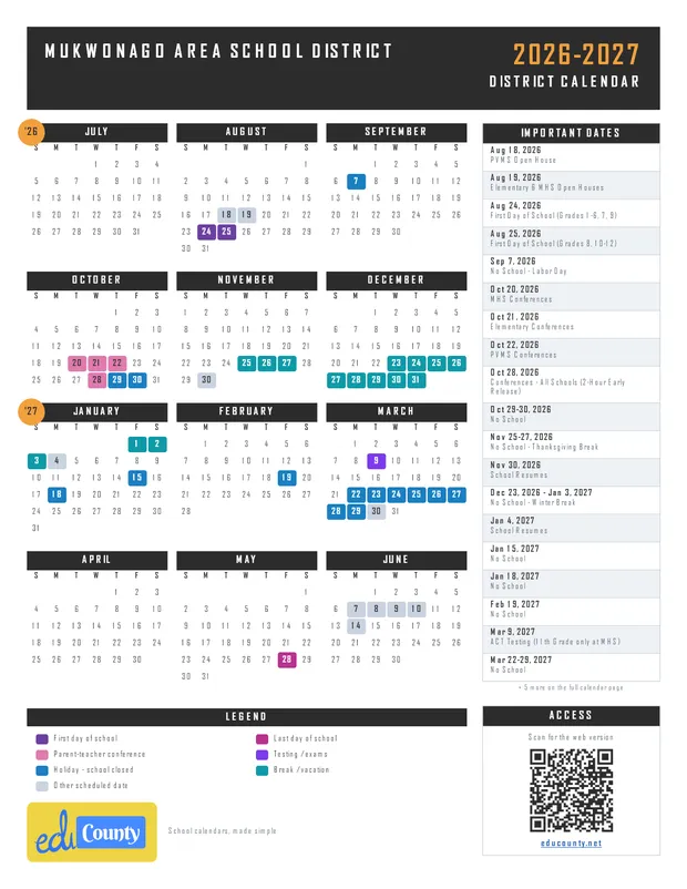 Mukwonago Area School District printable 2026-27 calendar