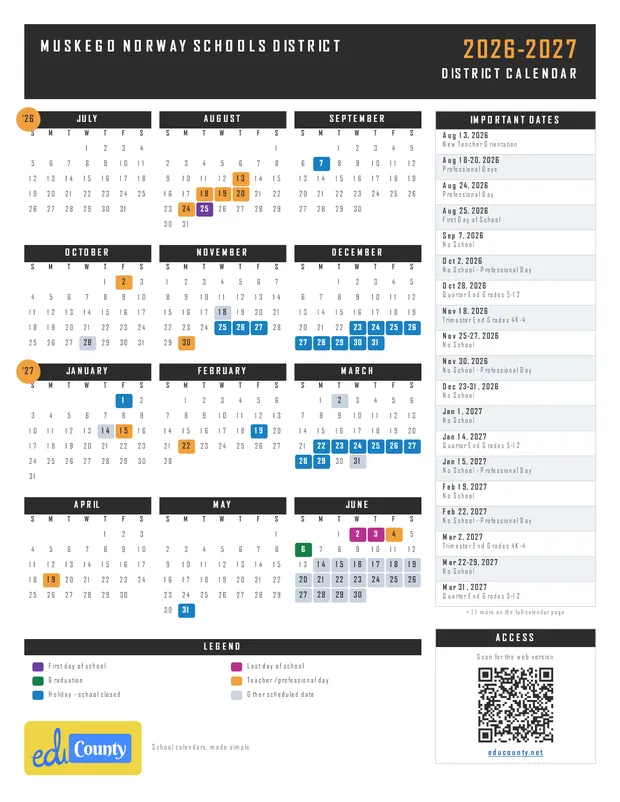 Muskego Norway Schools District printable 2026-27 calendar