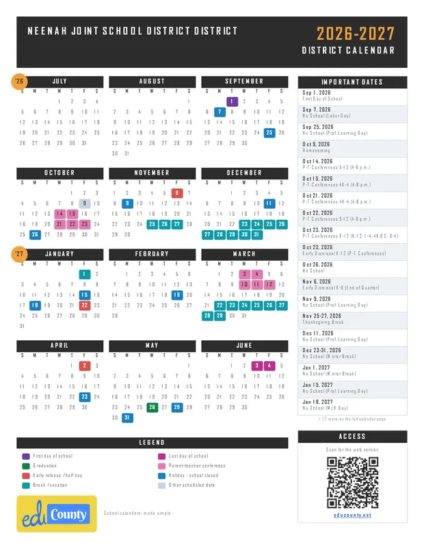 Neenah Joint School District printable 2026-27 calendar