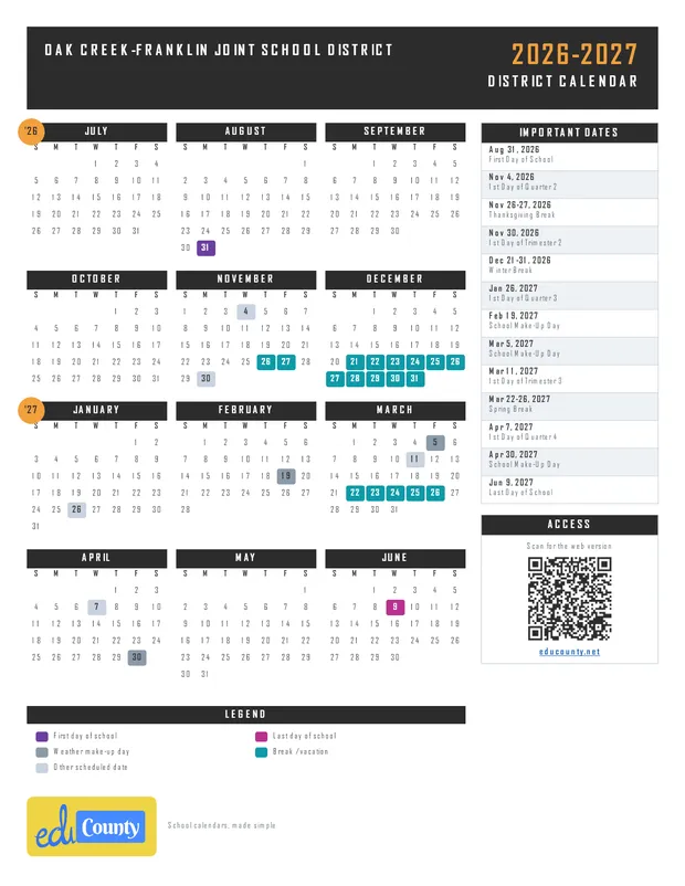 OAK CREEK-FRANKLIN JOINT SCHOOL DISTRICT printable 2026-27 calendar