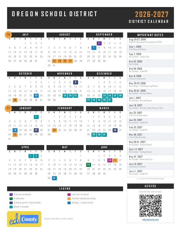 Oregon School District printable 2026-27 calendar