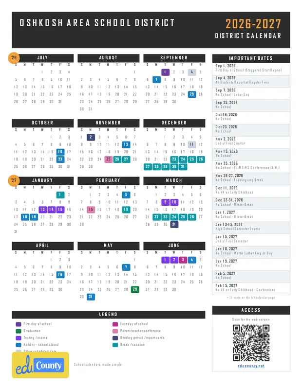 Oshkosh Area School District printable 2026-27 calendar