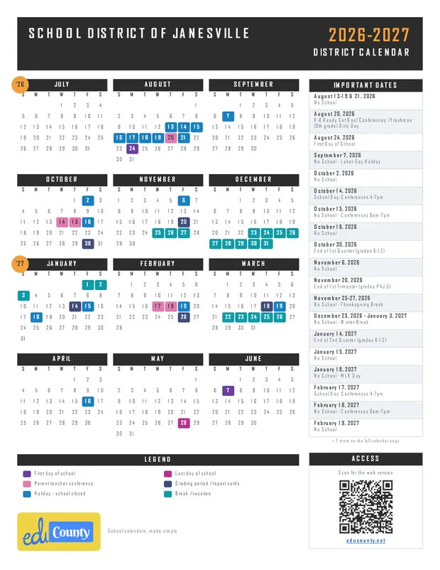 School District of Janesville printable 2026-27 calendar
