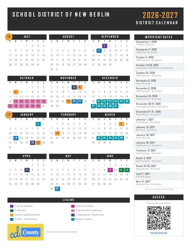 School District of New Berlin printable 2026-27 calendar