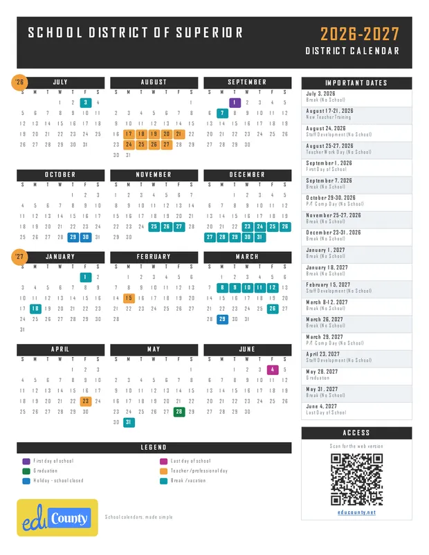 School District of Superior printable 2026-27 calendar