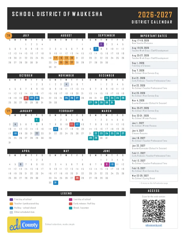 School District of Waukesha printable 2026-27 calendar