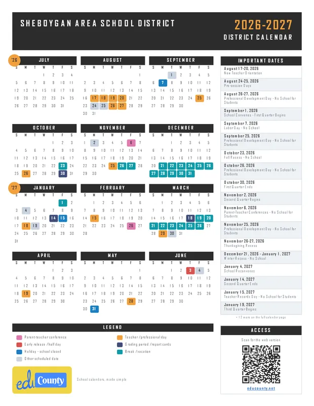 Sheboygan Area School District printable 2026-27 calendar