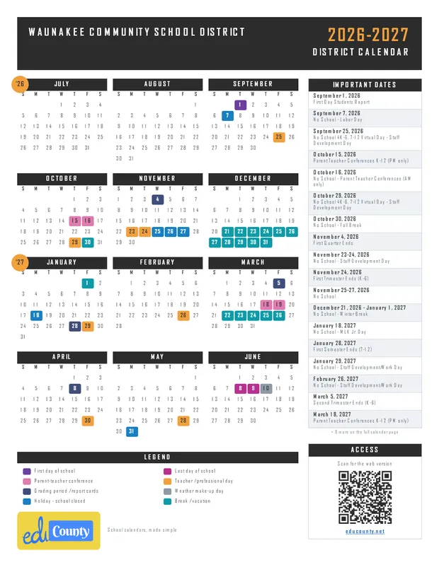 Waunakee Community School District printable 2026-27 calendar