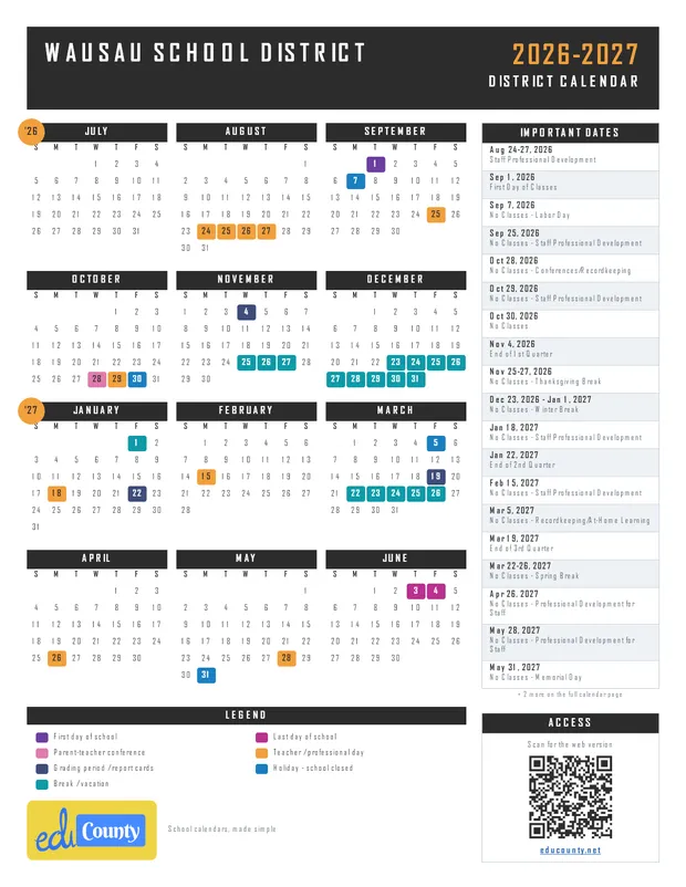 Wausau School District printable 2026-27 calendar