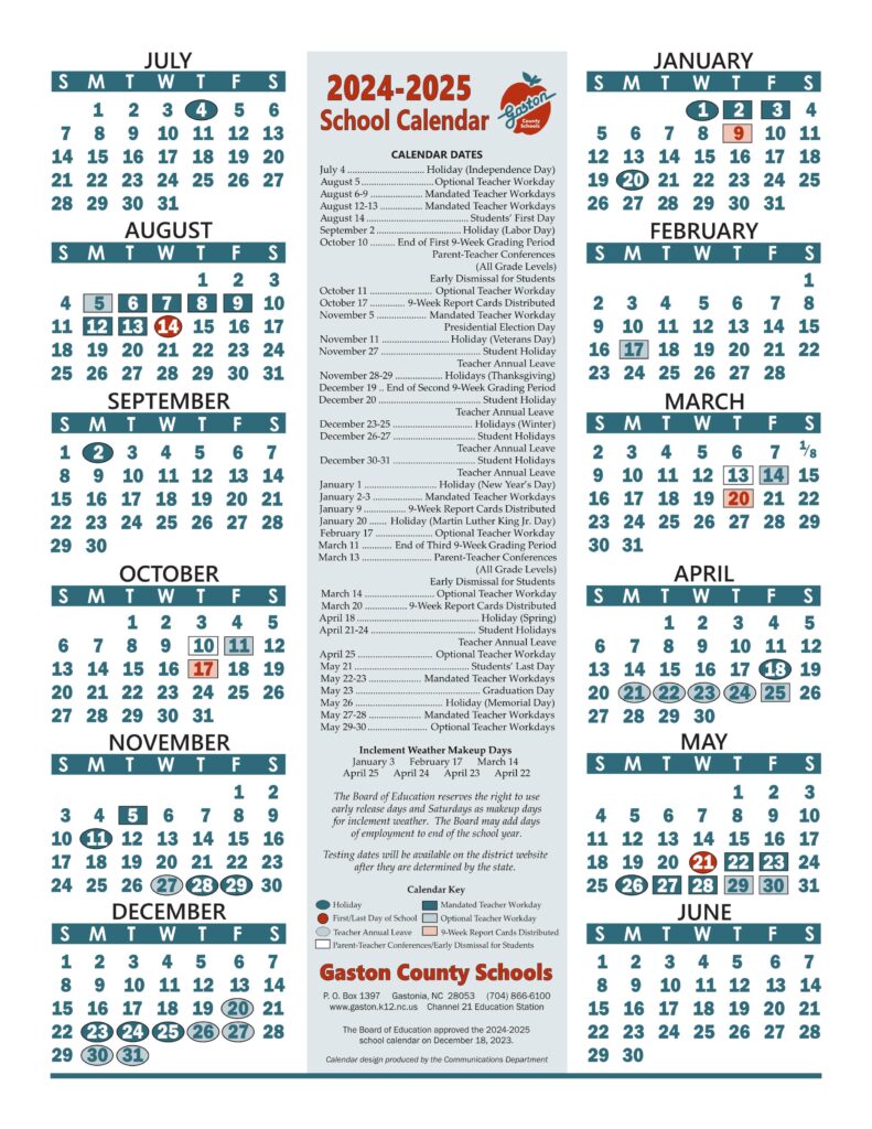 GASTON COUNTY SCHOOL CALENDAR