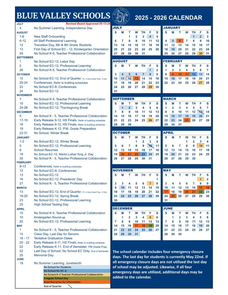 blue valley school district calendar 25-26