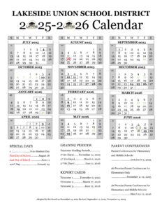 Lakeside Union School District calendar 25-26