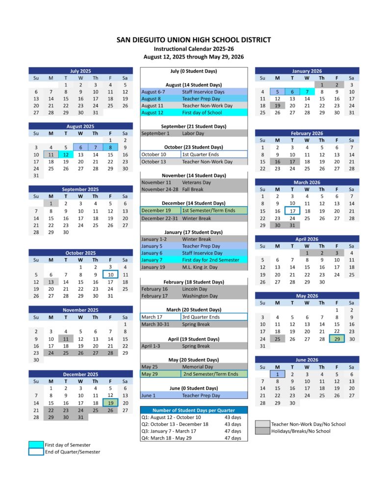 San Dieguito Union High School District School Calendar 25-26