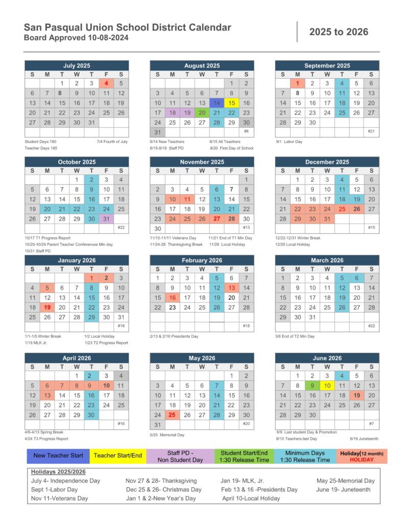 San Pasqual Union School District Calendar 25-26