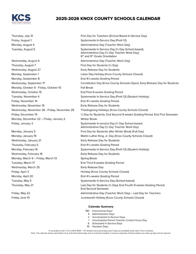 Knox County Schools calendar for 2025-2026
